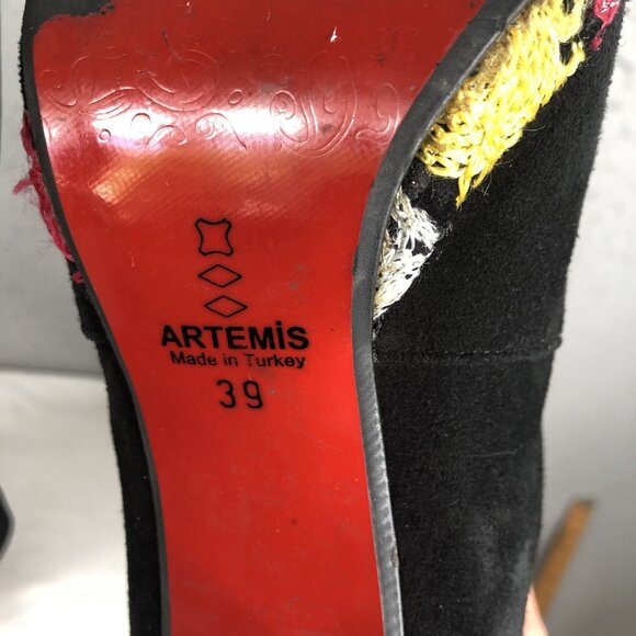 Artemis Suede Boots Womens 8.5 Black Leather Embroidery Heels Boho Retro 70s - Picture 14 of 16
